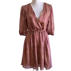 FRONT WRAP V NECK 3/4 SLEEVE WINE PATTERN DRESS